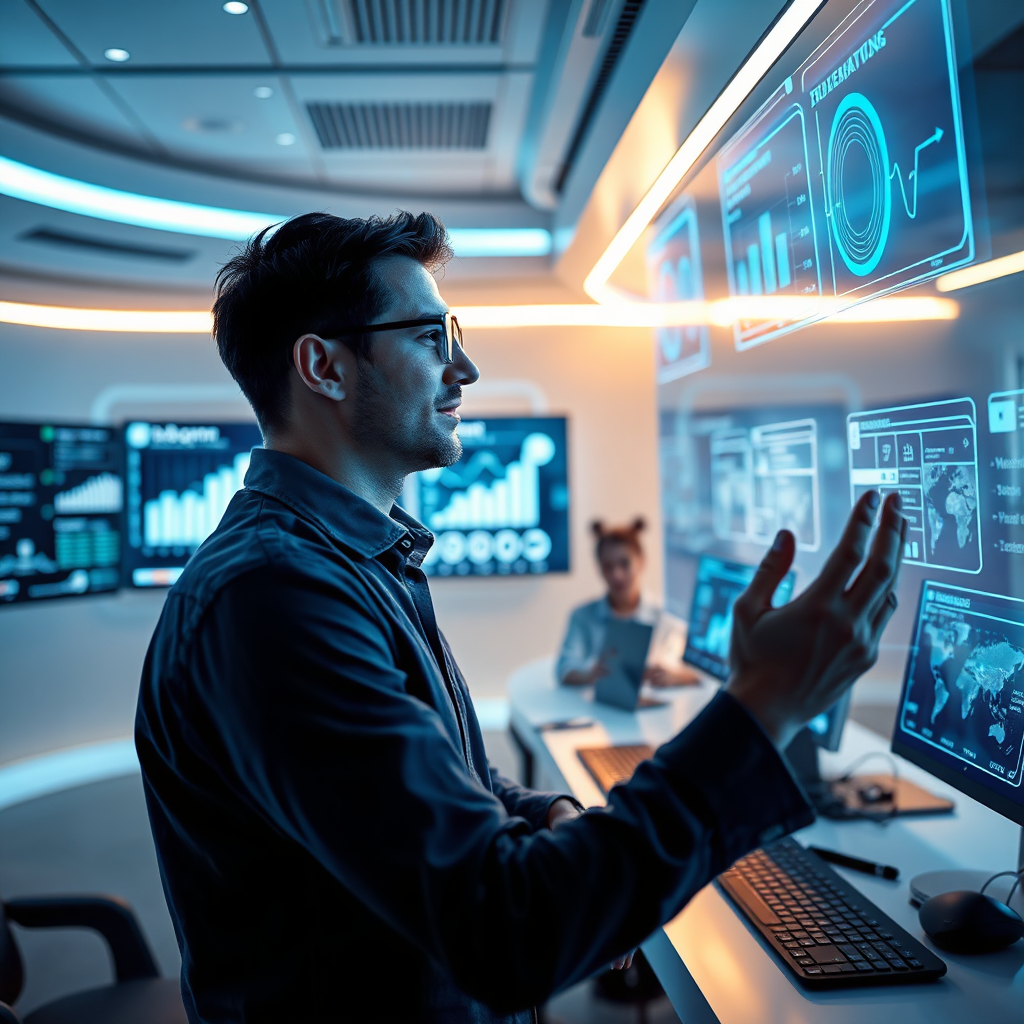 Create an image of a futuristic workspace where an entrepreneur interacts with a holographic interface displaying data analytics and digital tools. Incorporate soft blue lighting to create a tech-savvy ambiance. The entrepreneur appears engaged and excited, surrounded by screens with innovative designs. The environment should reflect a high-tech atmosphere, employing sleek lines and modern textures to illustrate the cutting-edge focus of LifeCraft Digital.