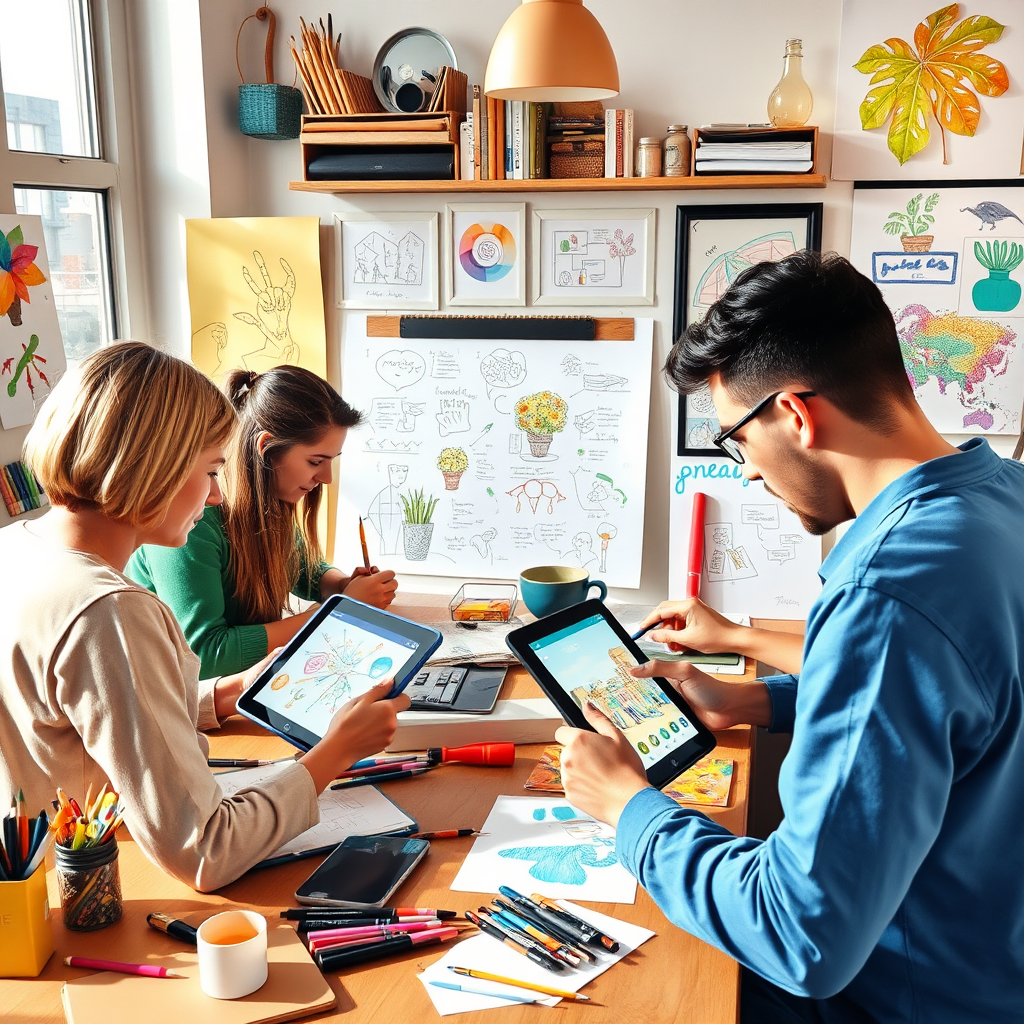 Depict a creative workshop with individuals brainstorming ideas on digital tablets while surrounded by sketches and digital art. The setting should be colorful and inspirational, with art supplies and modern technology blended seamlessly. Natural lighting should enhance the creative vibe, while a variety of textures from different materials should evoke a sense of artistic expression. The image should reflect the vibrant, innovative spirit at LifeCraft Digital.