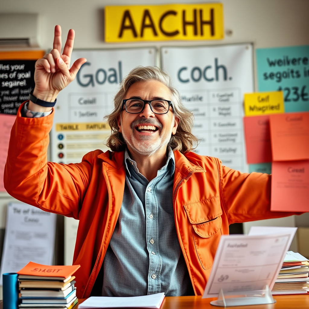 Depict a successful coach celebrating a milestone with a happy gesture, surrounded by goal-setting materials. Use bright colors to express success, with focus on motivational elements like charts and affirmations in the background. The scene should be full of life, with natural textures and lighting to enhance the atmosphere of achievement. Ensure the final image is photorealistic with rich details to convey excitement and drive.
