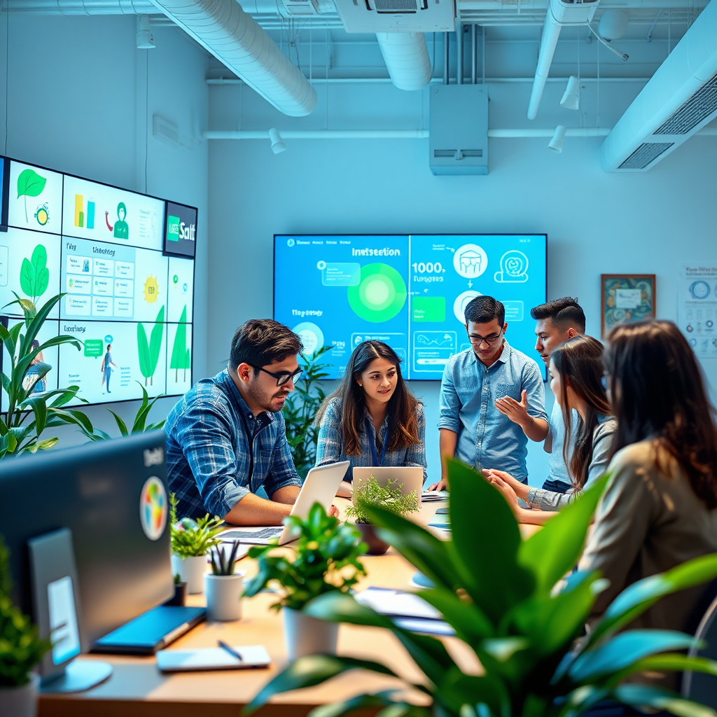 Design a photorealistic image highlighting the essence of LifeCraft Digital. Feature a diverse group of enthusiastic entrepreneurs collaborating in a bright, modern office space with digital screens displaying various tools. Use vibrant colors like blue and green for energy, while incorporating motivational elements like plants and artwork that inspire creativity. The composition should focus on teamwork, with people interacting, discussing ideas, and using technology. Lighting should be bright yet inviting, emphasizing the innovative environment of LifeCraft Digital. Render in high-quality 4K resolution, bringing out the textures of the workspace and the engaging expressions of the people.