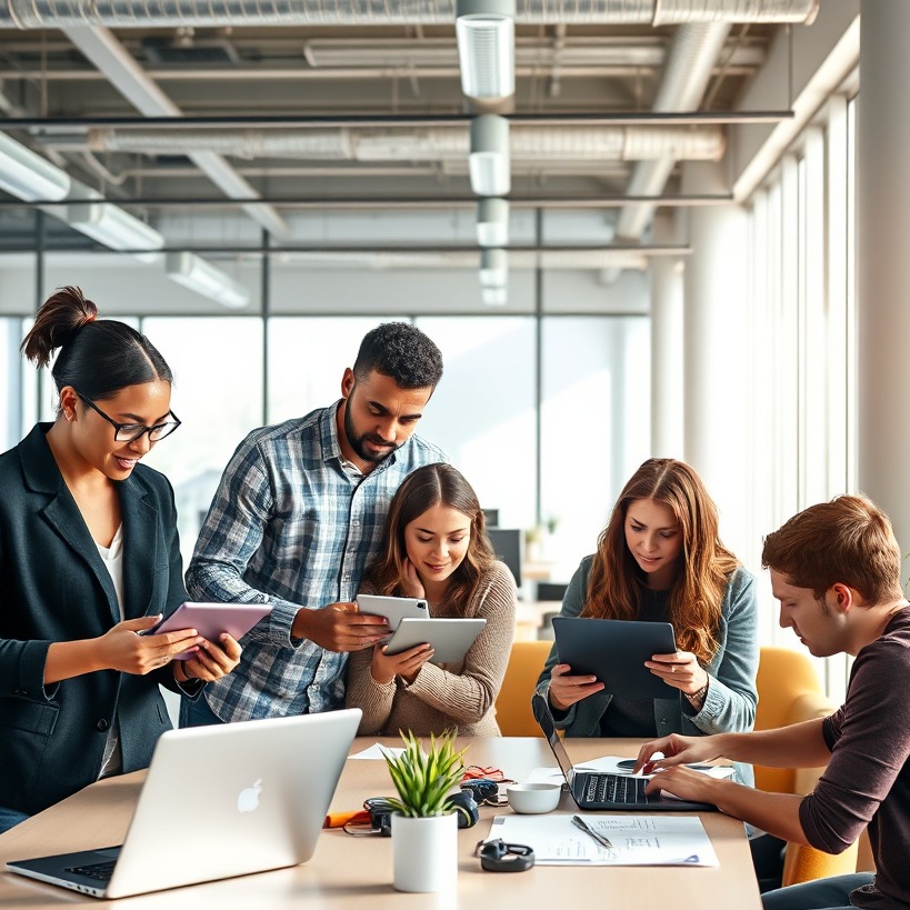 Design a photorealistic image representing LifeCraft Digital's mission. It should include a diverse group of coaches collaborating over digital tools like tablets and laptops in a bright, modern office. The setting should convey a sense of teamwork and innovation, with sufficient natural lighting to illuminate the scene. A palette of neutral colors mixed with vibrant accents should highlight creativity and focus. Capture a mid-range view to engage the audience by showing interactions among the team. The image must be high quality, in 4K resolution, reflecting a feel of empowerment and collaboration.