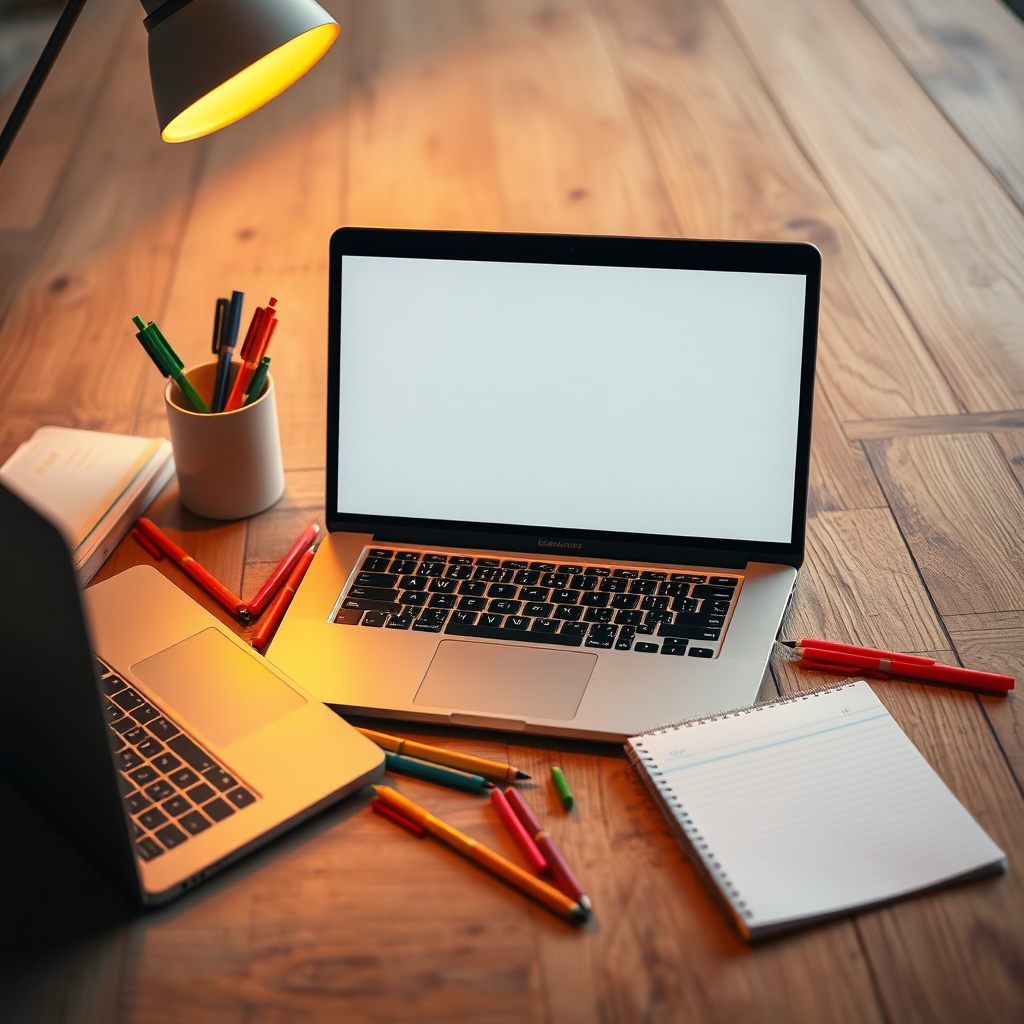 Design a visually engaging scene emphasizing content creation, featuring a laptop, notepad, and colorful pens scattered around. The lighting should be warm and inviting, creating a feeling of inspiration. Soft background textures such as wooden tables can enhance the cozy atmosphere while ensuring clarity and focus on the creativity aspect. The image should be detailed and of high resolution.