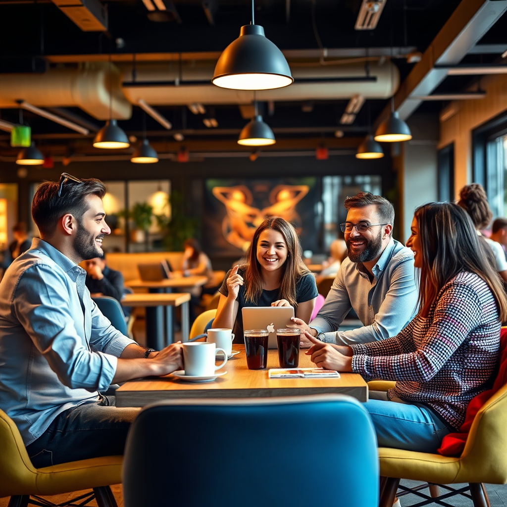 Design an image of a vibrant co-working space where entrepreneurs are collaborating over coffee, sharing ideas on digital devices. The space should be energetic and modern, enhancing the sense of community with warm lighting and flexible seating arrangements. People should exhibit expressions of joy and inspiration as they engage with one another, embodying the collaborative spirit that LifeCraft Digital promotes.
