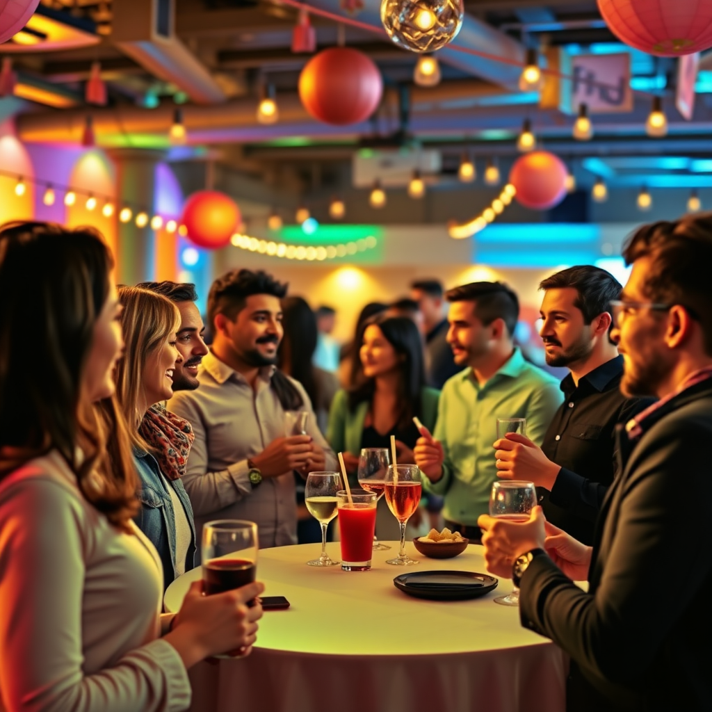 Design an inviting image of a networking event featuring diverse entrepreneurs exchanging ideas over refreshments in a lively atmosphere. Capture the excitement and interaction through warm lighting and colorful decorations. The image should reflect the camaraderie and collaborative spirit at LifeCraft Digital, highlighting the importance of community in business success.