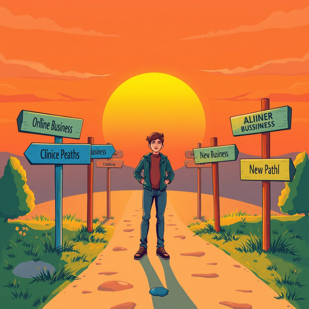 Envision a vibrant illustration of a person standing at a crossroads surrounded by various signposts indicating different online business options. The background includes a sunrise symbolizing new beginnings with an uplifting color palette of orange and yellow. The person is portrayed with an optimistic expression, ready to choose their path. The scene should evoke a sense of opportunity and exploration, rendered with photorealistic details to enhance engagement.