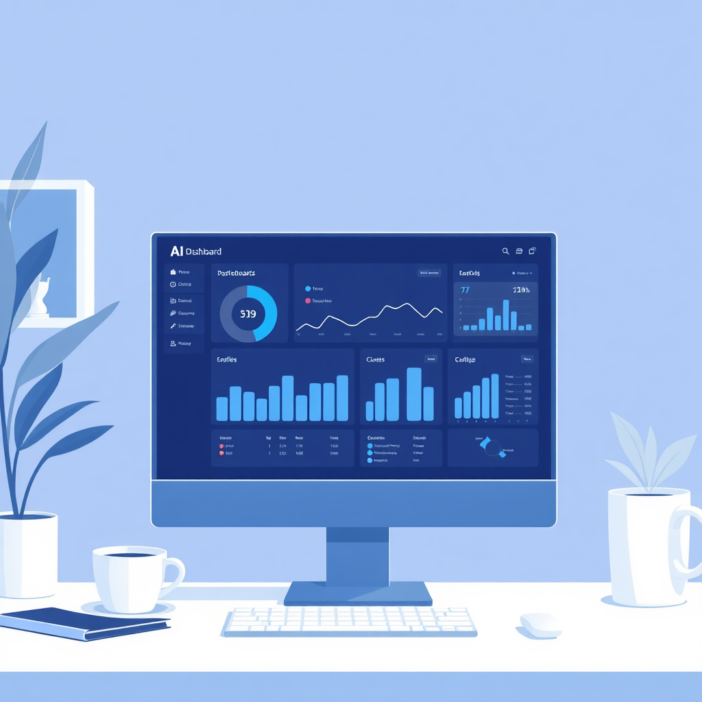 Illustrate a clean and organized digital workspace featuring an AI dashboard on a computer screen, symbolizing streamlined processes. The environment should be minimalistic with calming shades of blue and white, capturing a sense of clarity and control. Include elements like a coffee cup and plant in the background to add warmth. High-quality, photorealistic imagery with soft, focused lighting should draw attention to the dashboard as the central subject.