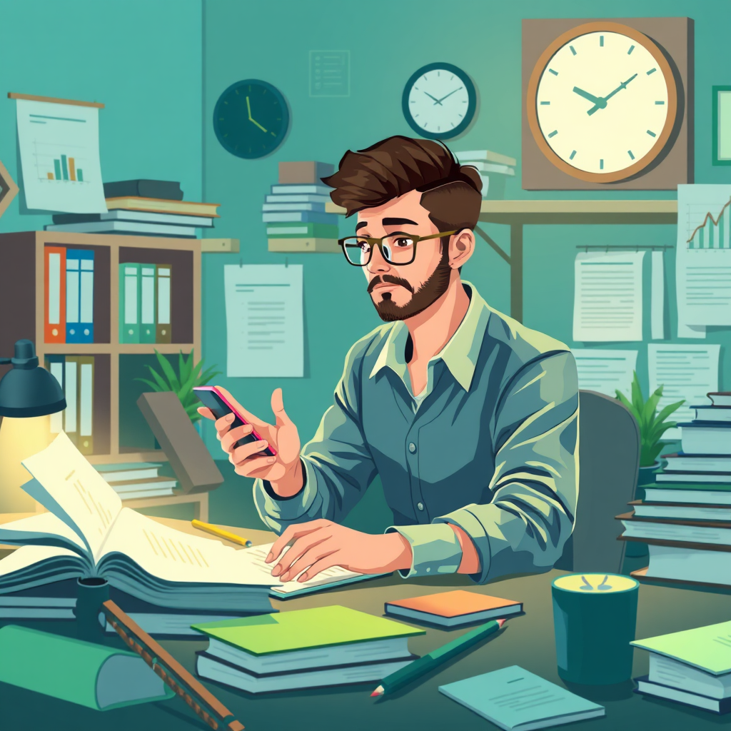 Illustrate a dedicated entrepreneur in a focus-oriented workspace, surrounded by educational materials and digital tools. The color scheme should be calming yet energizing, incorporating greens and blues. Capture the essence of concentration and growth through thoughtful lighting. The image should be clear and detailed, in a high-quality realistic style.