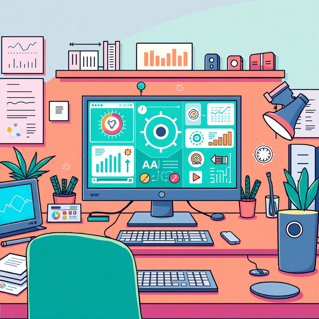 Illustrate a dynamic workspace with a computer screen showcasing various AI automation tools in action. The setting should be colorful yet organized, invoking creativity. Include elements that symbolize innovation, such as charts and analytics, while maintaining a professional atmosphere. Ensure the image is high quality, with every detail sharp and vibrant.