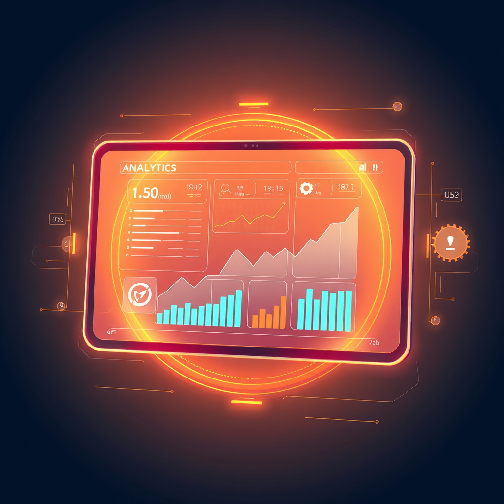 Illustrate a sleek digital interface displaying analytics and automated task management features. The futuristic design should incorporate bright hues to signify technology and innovation. Include subtle details like graphs and progress bars, indicating performance tracking. The overall composition should showcase the user-friendly aspects of LifeCraft Digital's offerings, tempting viewers with the possibilities of streamlined operations.