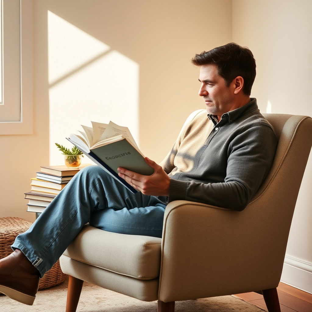 Show an inspiring image of a coach studying various resources while sitting in a comfortable armchair under natural light. The environment should be cozy and welcoming, using a warm color palette of creams and light browns. Capture the textures of the chair and books for a relatable feel, ensuring high-quality representation of an atmosphere conducive to learning and growth.