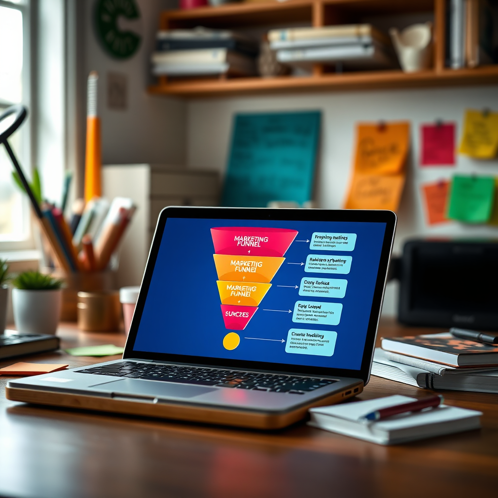 Showcase a vibrant image depicting a marketing funnel diagram on a digital device, symbolizing lead generation success. The workspace should be filled with eye-catching elements, combining bright colors and creative details like sticky notes or marketing books. Capture a sense of engagement through natural lighting and clarity in concept, ensuring high-quality imagery.