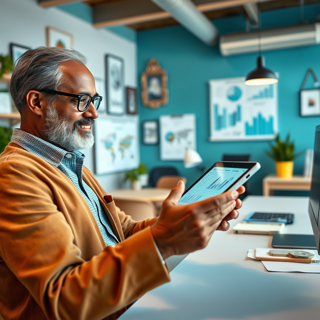 Showcase an engaging image highlighting a small business owner using a tablet with charts and graphs. The environment should feel vibrant and professional, blending soft blues and greens with personalized decor. Capture the essence of productivity through a dynamic angle, emphasizing tools and resources. The details should be crisp and clear, depicting engagement and focus, ensuring high-quality, photorealistic imagery.