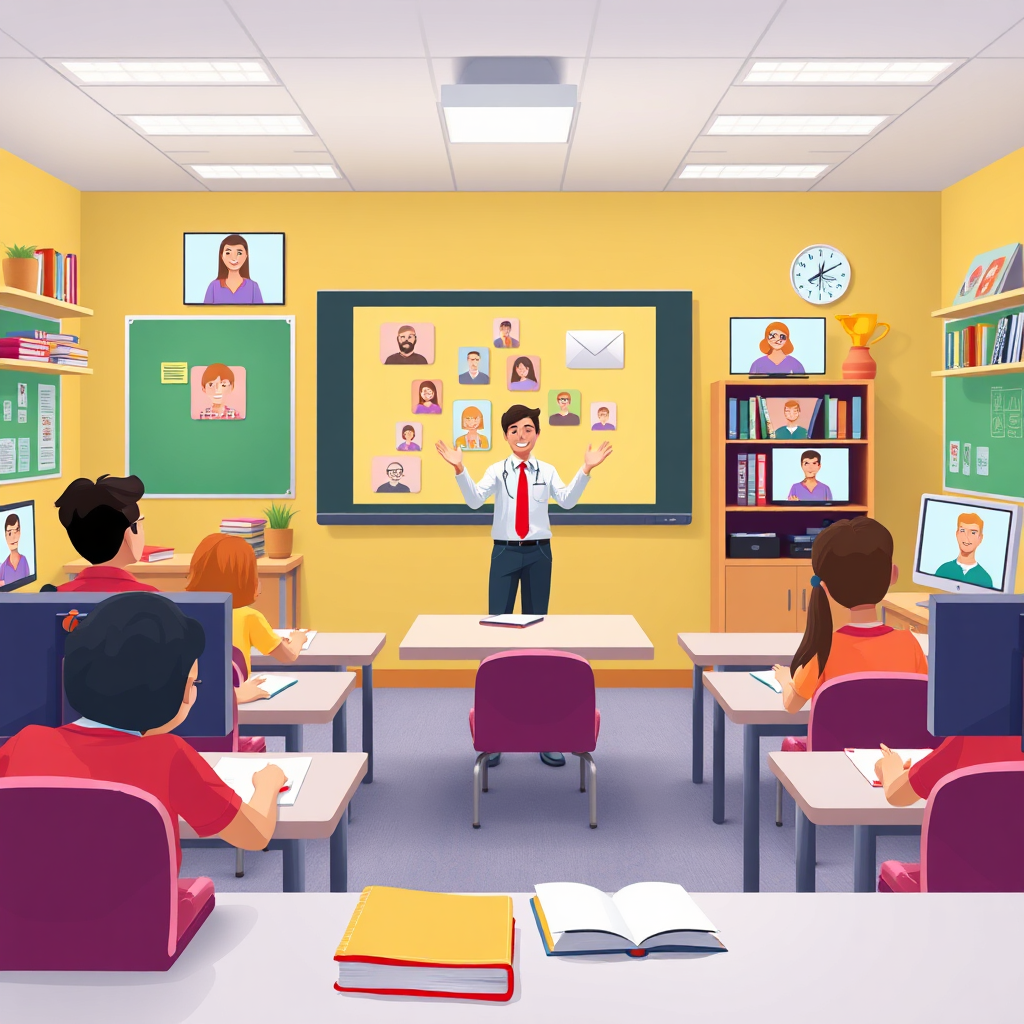 Visualize a virtual classroom setting with an engaging instructor guiding students through digital lessons. Characters can be shown actively participating from various locations, symbolizing the reach of e-learning. Use an inviting, organized layout filled with educational tools like books and computers. The colors should enhance focus and engagement, showcasing the educational resources available at LifeCraft Digital.