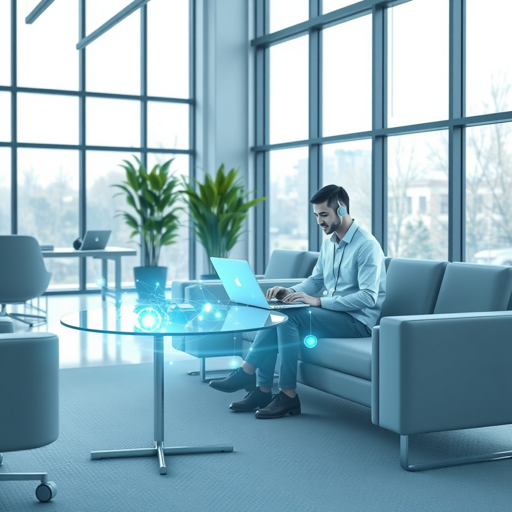 Visualize a workspace where an AI assistant helps a user automate their tasks on a laptop. The environment should be modern and efficient, featuring sleek furniture and large windows with natural light. Use a cool color palette with blues and whites to promote a sense of clarity and focus. The AI assistant can be represented as an ethereal light or visual interface, interacting seamlessly with the user, showcasing the innovative capabilities of LifeCraft Digital.
