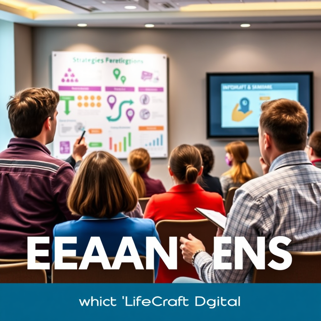 Visualize an engaging seminar setting where a knowledgeable speaker shares strategies with an attentive audience. The background should feature infographics and visuals illustrating key concepts, while soft lighting adds a professional touch. Attendees can be depicted taking notes and engaging with the content. The image should convey a sense of learning and support, representing the educational resources available at LifeCraft Digital.