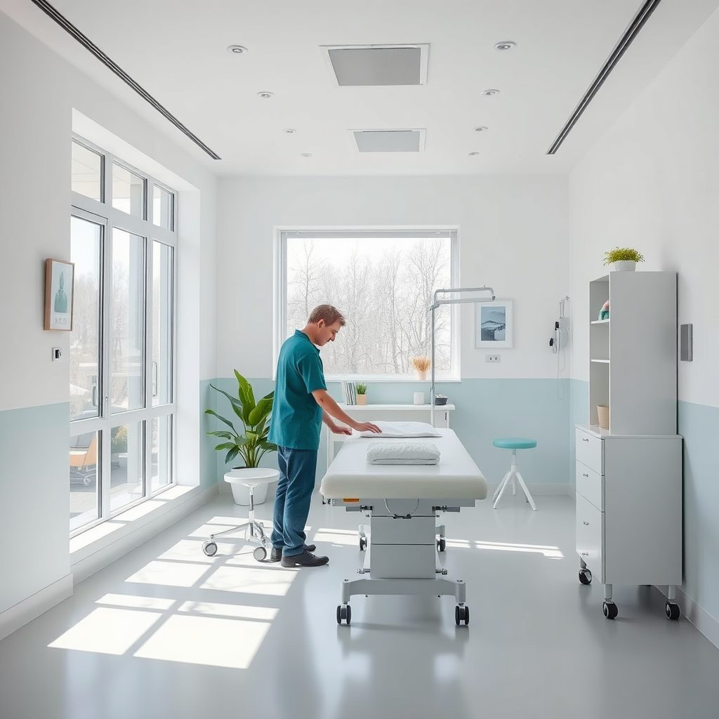 Nowoczesny, jasny gabinet fizjoterapii w Warszawie — spokojna, profesjonalna atmosfera