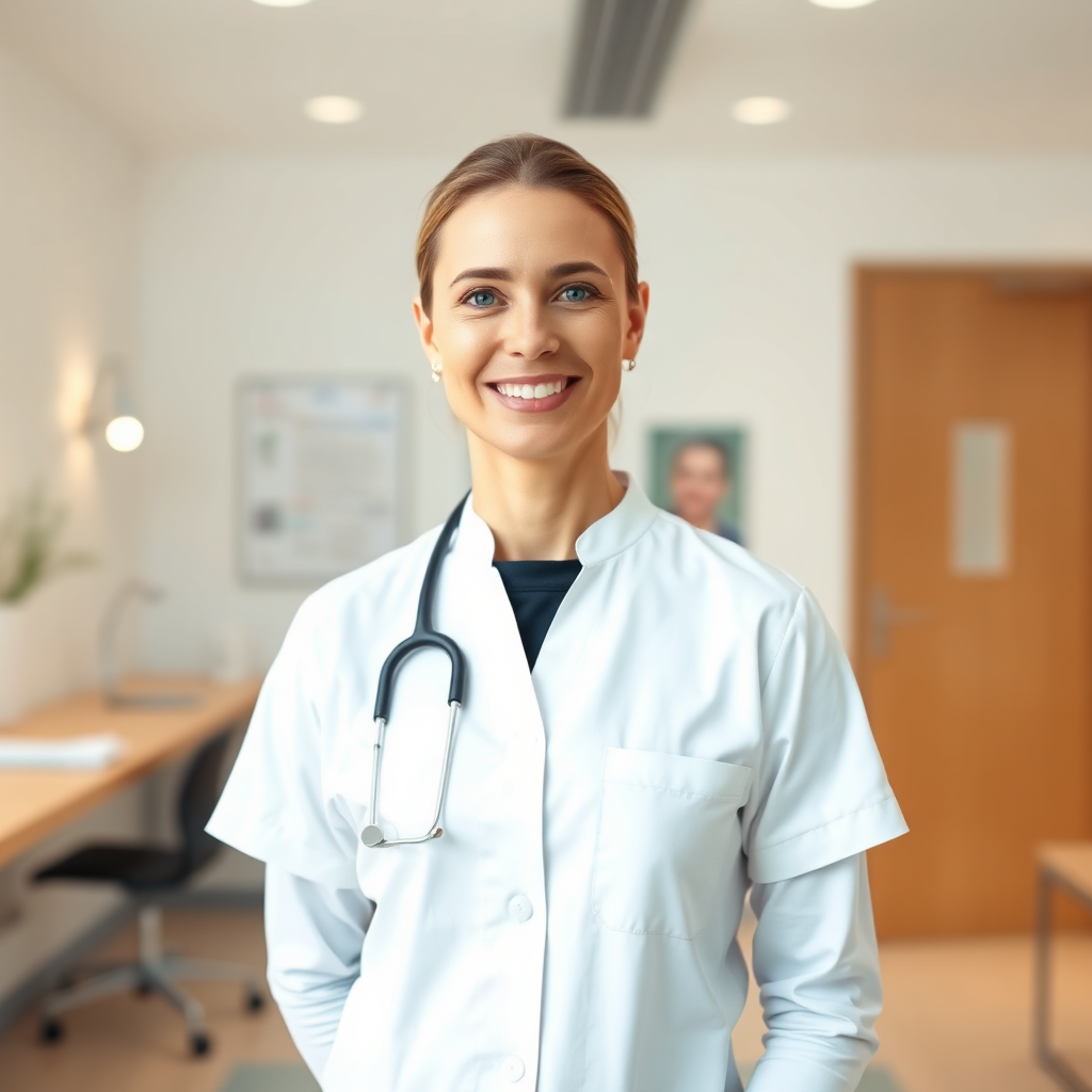 Portret fizjoterapeuty w jasnym gabinecie — profesjonalny, spokojny wizerunek