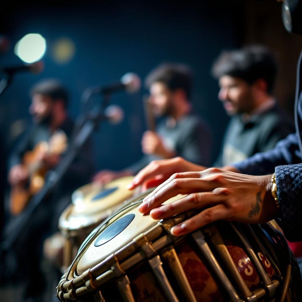 A close-up shot of a tabla player's hands in motion, captured in sharp focus. The background is blurred, showing the rest of the band. The lighting is dramatic, highlighting the textures of the tabla and the intensity of the performance. The overall style is gritty and authentic, reflecting the raw energy of Bollywood music.