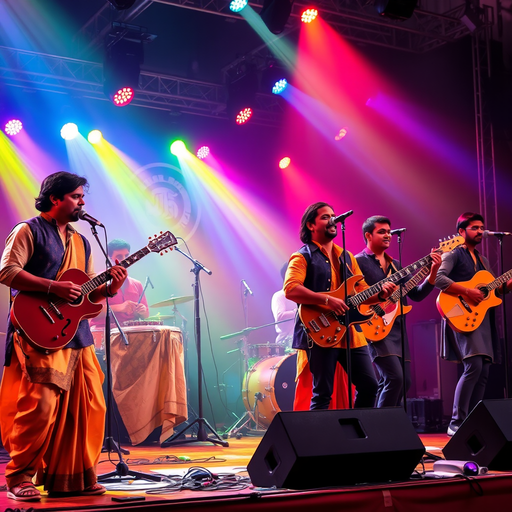 A dynamic image of a Bollywood band performing live on stage, with traditional Indian instruments alongside modern instruments, bathed in colorful stage lights. The scene is energetic, lively, and captures the essence of a live Bollywood performance.