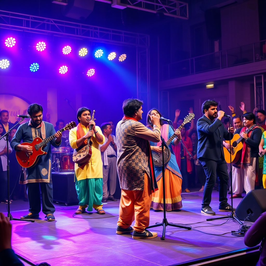 A group of friends laughing and singing karaoke at a party, bathed in colorful party lights. A screen displaying Bollywood lyrics is visible in the background. The atmosphere is fun, casual, and celebratory, capturing the joy of karaoke.