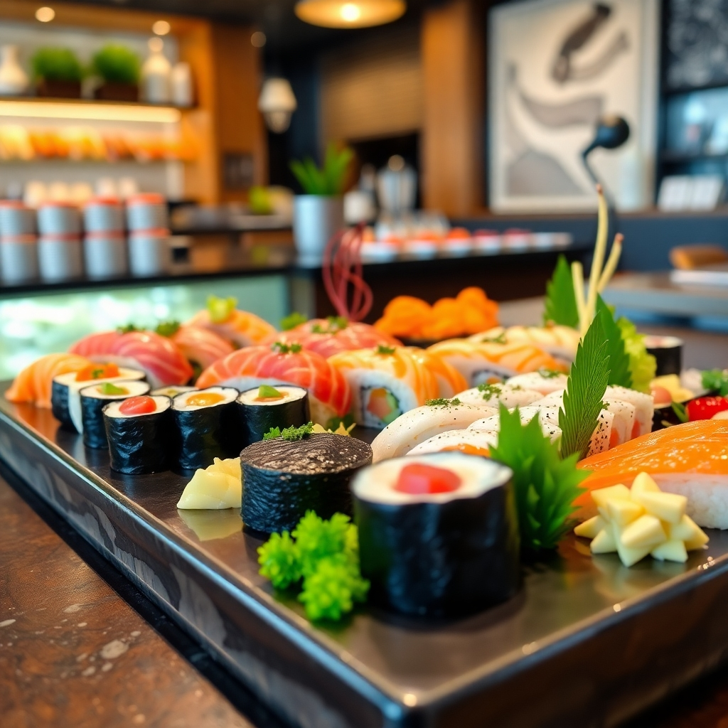 A serene and modern Japanese restaurant interior with neatly arranged wooden tables, comfortable seating, dim lighting, and tasteful Japanese decorations, depicting a cozy and inviting dining atmosphere.