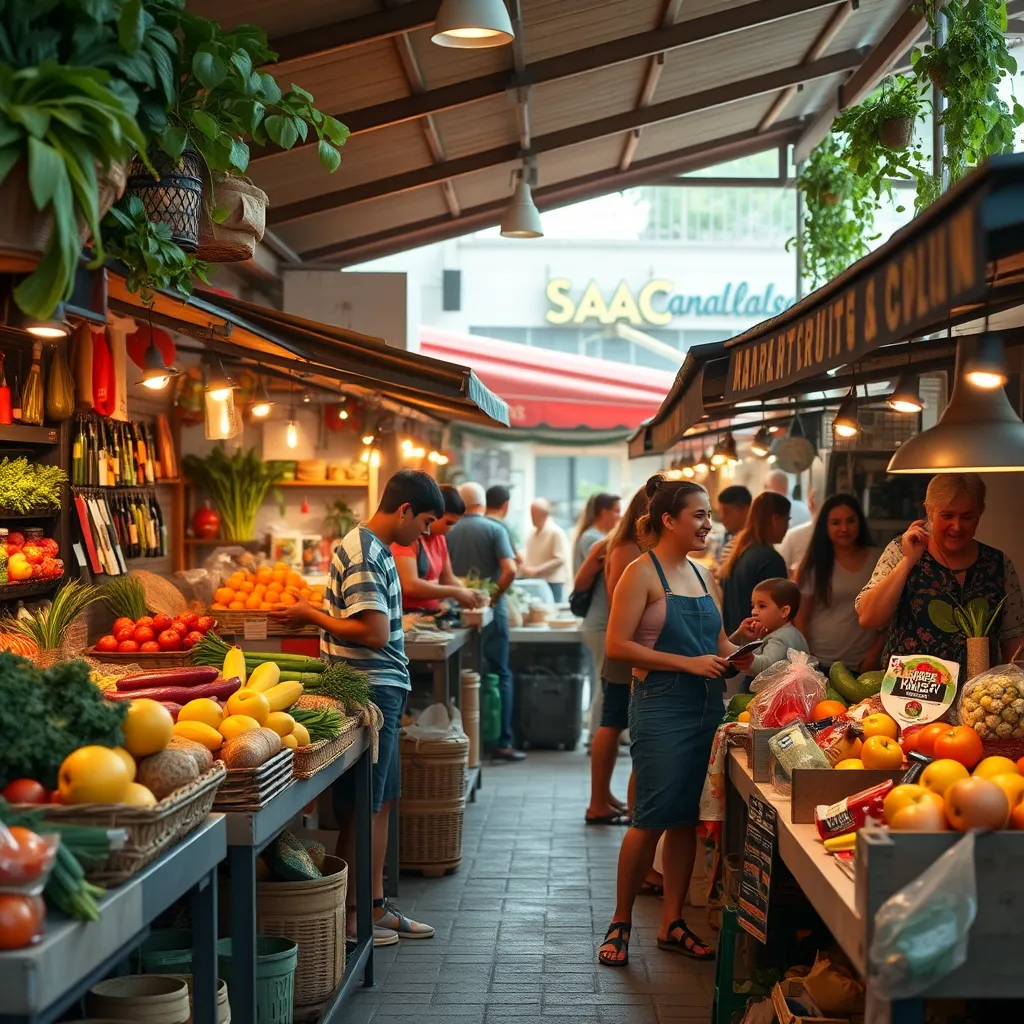 A cheerful market scene with diverse local vendors selling fresh produce, handmade goods, and artisanal products. People are engaged, chatting, and buying from various stalls, reflecting a supportive community atmosphere.