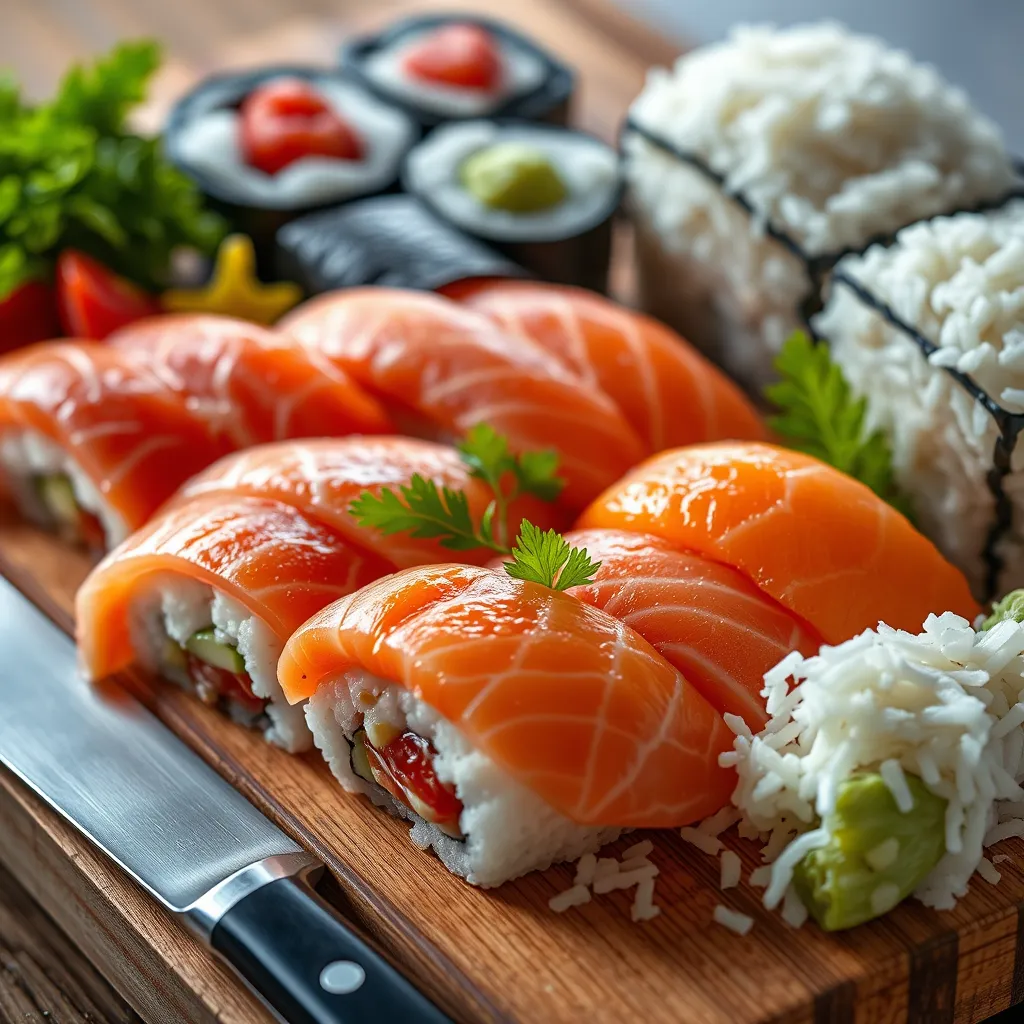 A close-up, high-definition image of premium quality sushi ingredients, including fresh fish fillets like tuna and salmon, crisp vegetables, and perfectly cooked sushi rice, all displayed on a cutting board with a chef's knife.