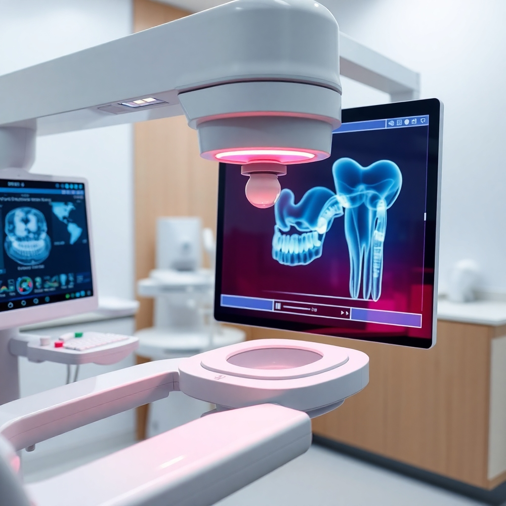 A close-up, photorealistic image showcasing advanced dental technology in use, such as a digital scanner or a sophisticated dental X-ray machine. The image should be crisp and detailed, highlighting the modern and advanced nature of the equipment within a clean and professional dental setting.