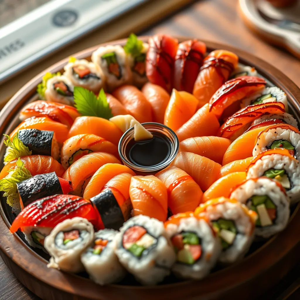 A close-up photorealistic image of a sushi platter, showcasing a variety of sushi rolls with colorful fish, vegetables, and sauces, arranged in a beautiful and artistic manner. The sushi is arranged in a circular pattern, with the different rolls radiating out from the center. There is a small bowl of soy sauce and a few slices of ginger on the side. The entire scene is lit with warm, natural light, highlighting the vibrant colors and textures of the sushi.