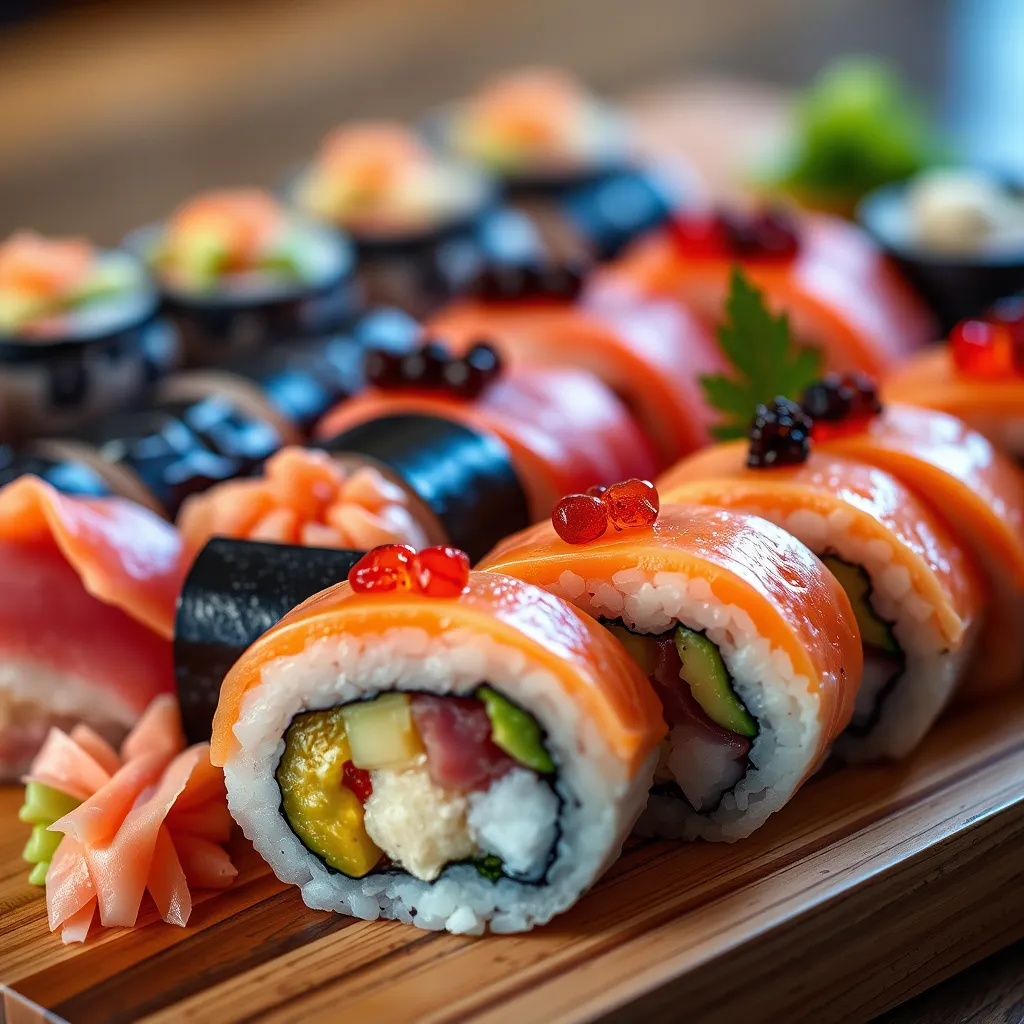 A close-up shot of a beautifully arranged platter of sushi rolls, featuring vibrant colors of fresh fish like salmon, tuna, and yellowtail, topped with garnishes such as avocado and roe, all set on a traditional wooden sushi board.
