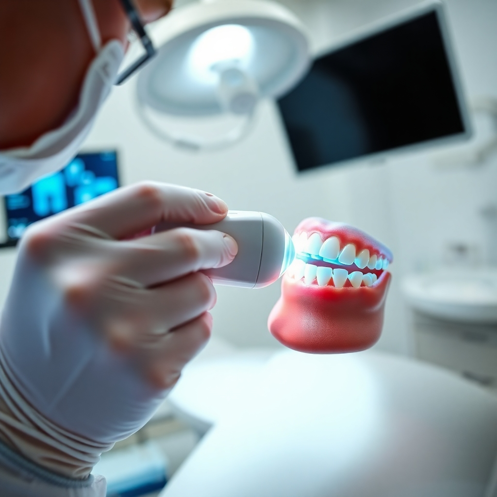 A close-up shot of a dentist using a high-tech dental scanning device on a patient's teeth. The image should be bright, clean, and showcase the precision of the technology.  The background should be a modern, sterile dental office setting. Focus should be sharp on the device and the dentist's hands.