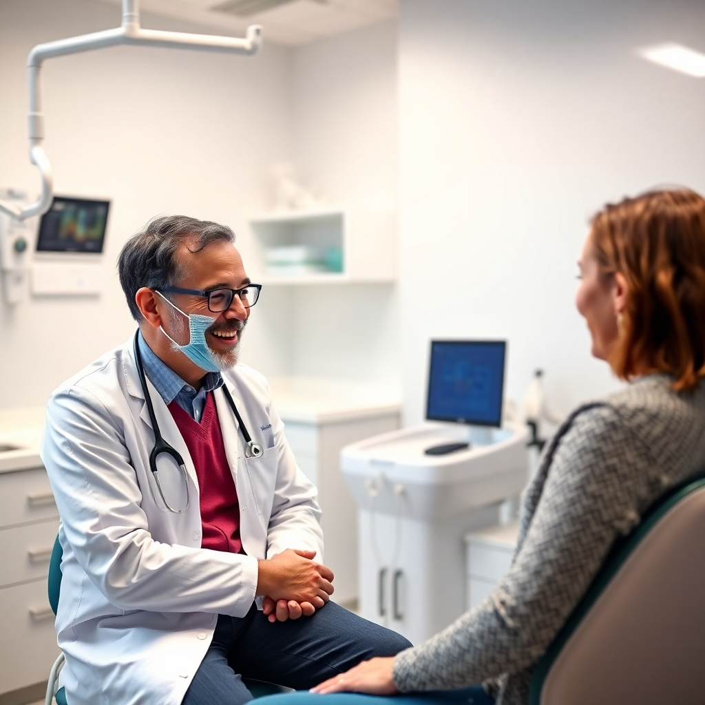 A dentist warmly interacting with a patient, focusing on a genuine, friendly conversation. The setting should be a clean, modern dental office. The image should portray a caring and attentive dentist actively listening to a patient, emphasizing empathy and individual attention.