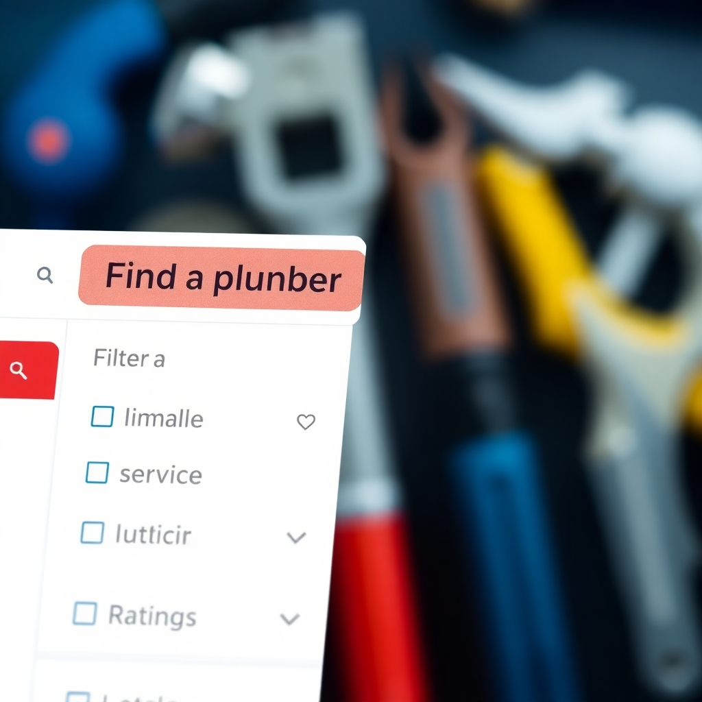 A detailed close-up shot of a website's search bar and filter options.  The search bar should have a prominent 'Find a Plumber' button. Filter options should be clearly labeled and easy to understand, including dropdowns for service type, location, and ratings. The background should be a blurred image of a plumber's tools.