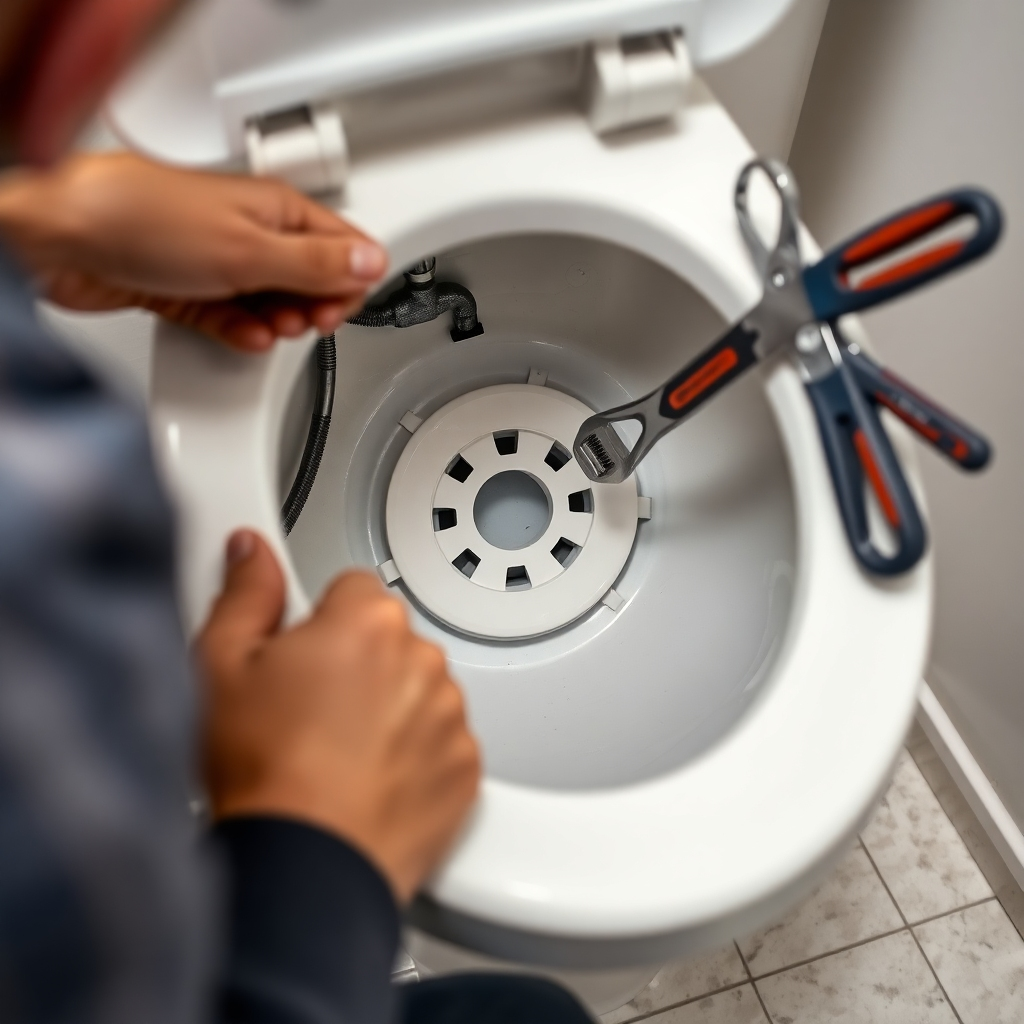 A detailed photorealistic image of a plumber repairing a toilet. Focus on the inner workings of the toilet tank, with the flapper clearly visible. The image should include various plumbing tools, like a wrench and pliers. High-quality lighting and a clear view of the plumber's hands are essential. The background should be a clean and well-maintained bathroom.