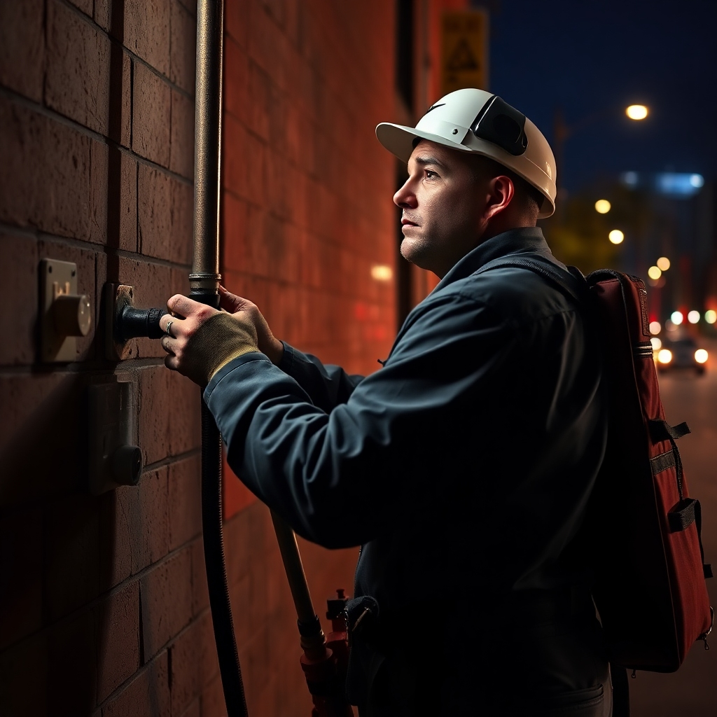 A dramatic, photorealistic image of a plumber responding to a late-night emergency call in Houston. The plumber should be wearing a uniform and using specialized equipment to fix a burst pipe in a home, creating a sense of urgency and professionalism. The background should show a nighttime Houston street.