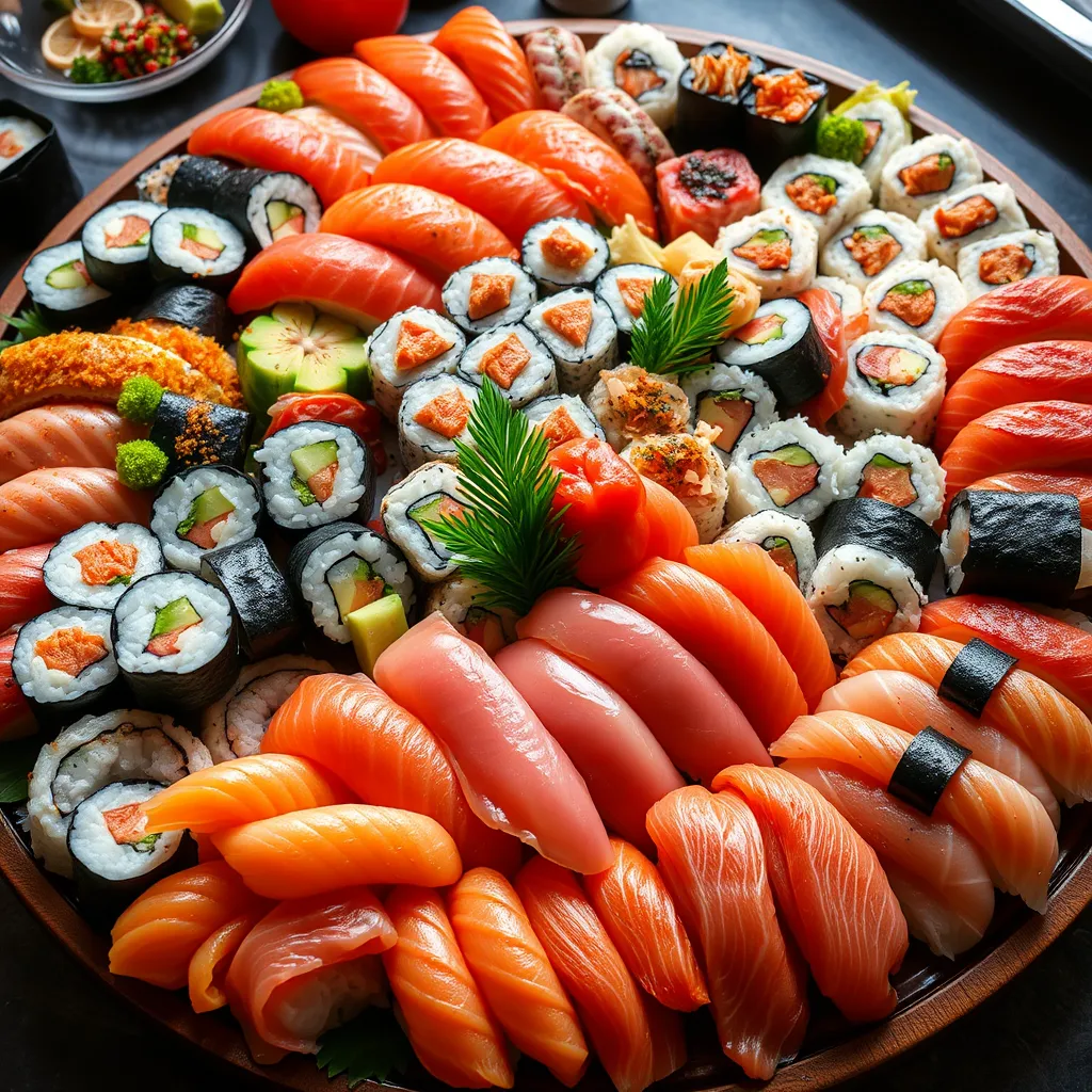 A large sushi platter, overflowing with different types of sushi.  Include various rolls, such as California rolls, spicy tuna rolls, and Philadelphia rolls, alongside classic nigiri, like salmon, tuna, and yellowtail.  The platter should also feature sashimi, thinly sliced fish, arranged in a decorative pattern.  Capture the vibrant colors and textures of the various sushi elements, highlighting the platter's abundance and variety.
