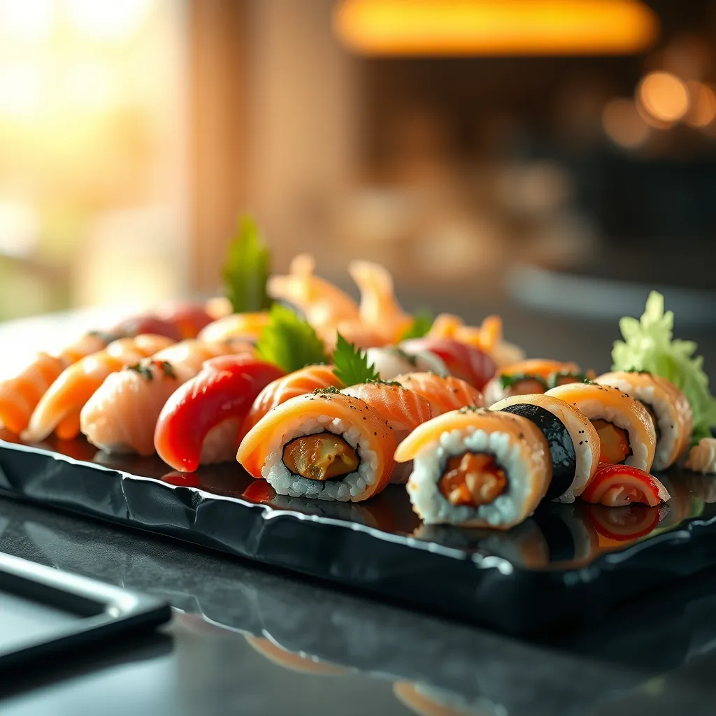 A meticulously arranged sushi platter, featuring a variety of colorful rolls, nigiri, and sashimi, displayed on a black lacquered tray.  The platter is illuminated by soft, warm light, enhancing the natural beauty of the ingredients.  The background is a blurred, bokeh effect, drawing attention to the sushi.  Focus on the intricate details of the sushi, showcasing the freshness and quality of the ingredients.  Use a shallow depth of field to emphasize the platter's centerpiece.