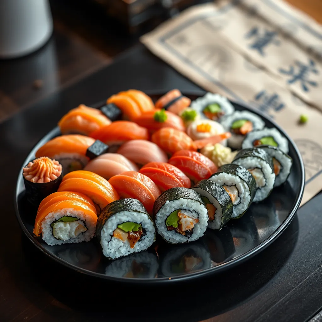 A meticulously crafted sushi platter, showcasing a variety of classic sushi rolls. The platter is arranged in a beautiful and balanced composition on a sleek black plate, with a backdrop of traditional Japanese-style paper. Each roll is meticulously detailed, with perfectly formed rice, fresh fish, and vibrant seaweed. The lighting is soft and diffused, creating a warm and inviting atmosphere. The image should have a photorealistic style, capturing the texture and vibrancy of the ingredients in ultra-high detail. The camera angle is slightly overhead, showcasing the entire platter in a way that highlights its intricate details. The overall mood should be one of elegance and sophistication, highlighting the artistry of sushi making.  The image should evoke a sense of freshness and quality, reflecting the commitment to using only the finest ingredients. The entire composition should exude a sense of beauty and artistry, showcasing the deliciousness and elegance of Ganda Sushi's classic sushi platter.