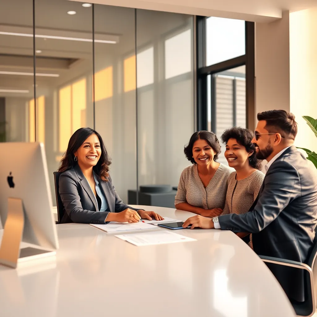A modern office space bathed in soft, warm lighting. Lenise Carvalho, dressed in a professional suit, is seated at a sleek desk, confidently discussing a real estate contract with a happy Brazilian family. The scene should convey a sense of trust and confidence. The family is smiling and relaxed, indicating that Lenise has successfully negotiated a favorable deal for them. The office space is clean and organized, reflecting Lenise's professionalism.  Style reference: A photorealistic rendering in the style of a business magazine. Technical specifications: 8K resolution, ultra-detailed, hyperrealistic, with a focus on capturing the subtle details of the office environment and the expressions on the faces of the individuals.