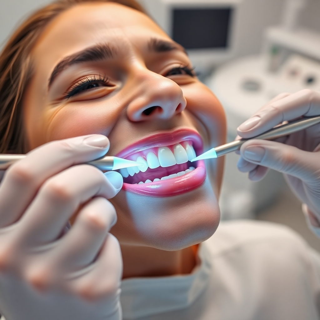 A photorealistic, 8K resolution image depicting a patient receiving teeth whitening treatment at Dr. Kourush Dental Practice in Queens, NY. The image should feature soft, diffused lighting, creating a calming and clean atmosphere. The color palette should be bright and refreshing, with cool blues and whites dominating. The camera angle should be slightly elevated, focusing on the patient's smile and the whitening process.  The dentist's hands, carefully applying the whitening gel, are visible. Show sleek, modern dental equipment in the background. The overall mood should be one of comfort and confidence. The patient should appear relaxed and happy. Include subtle textures, such as the smooth surface of the teeth and the slightly rough texture of the dental instruments. The background should include elements of the dental practice, such as modern dental chairs and equipment, but in a way that doesn't distract from the main focus. The style should be reminiscent of high-end dental clinics, clean and modern, inspired by the photography style of Annie Leibovitz.  The image should be hyperrealistic and ultra-detailed, emphasizing the clarity and brightness of the patient's smile after the treatment.
