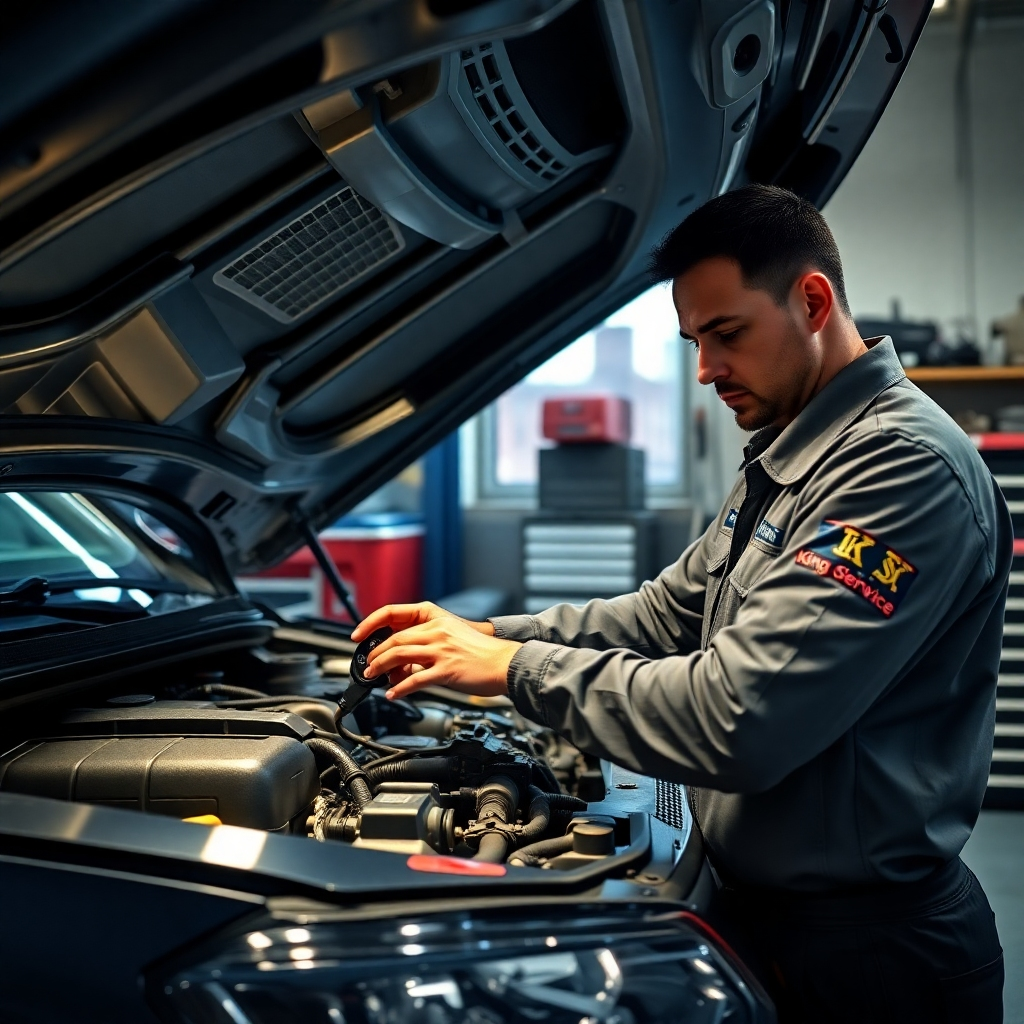 A photorealistic, 8K resolution image depicting a mechanic in a well-lit, clean auto repair shop in Queens, NY. The mechanic, wearing a King of Queens Auto Service Corp. uniform, is using advanced diagnostic tools on an open engine hood of a late-model SUV. Soft, diffused lighting illuminates the scene, highlighting the intricate details of the engine components and the mechanic's focused expression. The color palette is warm and inviting with rich blues, metallic greys and pops of the King of Queens logo colors. The camera angle is slightly elevated, providing a clear view of the engine and the mechanic’s work.  The background features neatly organized tools and equipment, showcasing professionalism and efficiency. The overall mood is one of competence and trust, conveying the expertise of King of Queens Auto Service Corp. The image should be hyperrealistic and ultra-detailed, capturing the textures of the engine parts, the mechanic's hands and the tools with precision, in the style of a National Geographic automotive photography.  The shop's clean, organized environment should reflect the company's professionalism and attention to detail.  Environmental elements such as a partially visible cityscape of Queens through a large window should also be included.