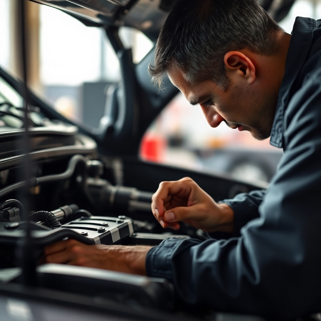 A photorealistic close-up image of a mechanic meticulously inspecting a car engine, showcasing the precision and expertise involved in engine repair. The lighting should be clear, highlighting the details of the engine components.