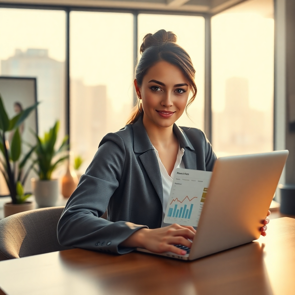 A photorealistic image, 8K resolution, hyperrealistic rendering. A young, confident businesswoman is working on a laptop at a modern, minimalist workspace with large windows showing a cityscape.  The scene is bathed in soft, natural sunlight streaming through the windows.  The color palette consists of bright, vibrant colors, creating a mood of energy and optimism.  Camera angle is from a slightly elevated perspective, showcasing the businesswoman's focused expression and the laptop screen, which displays a graph showcasing positive website traffic and SEO ranking improvements. The materials are high-quality, with a focus on textures like soft fabric, smooth glass, and polished metal.  The laptop screen displays keywords, analytics and search engine ranking indicators. The background features a modern office with plants and artwork.  The style reference is a mix of contemporary business photography and the clean aesthetics of Scandinavian design.  The overall atmosphere is professional and successful, highlighting growth and results.