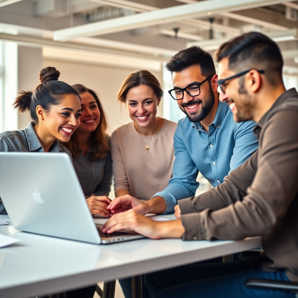 A photorealistic image depicting a friendly, diverse team of web developers collaborating on a laptop, with a vibrant, modern website design displayed on the screen. The background should be a bright, modern office space.  The overall mood should be positive and collaborative, conveying affordability and professionalism.