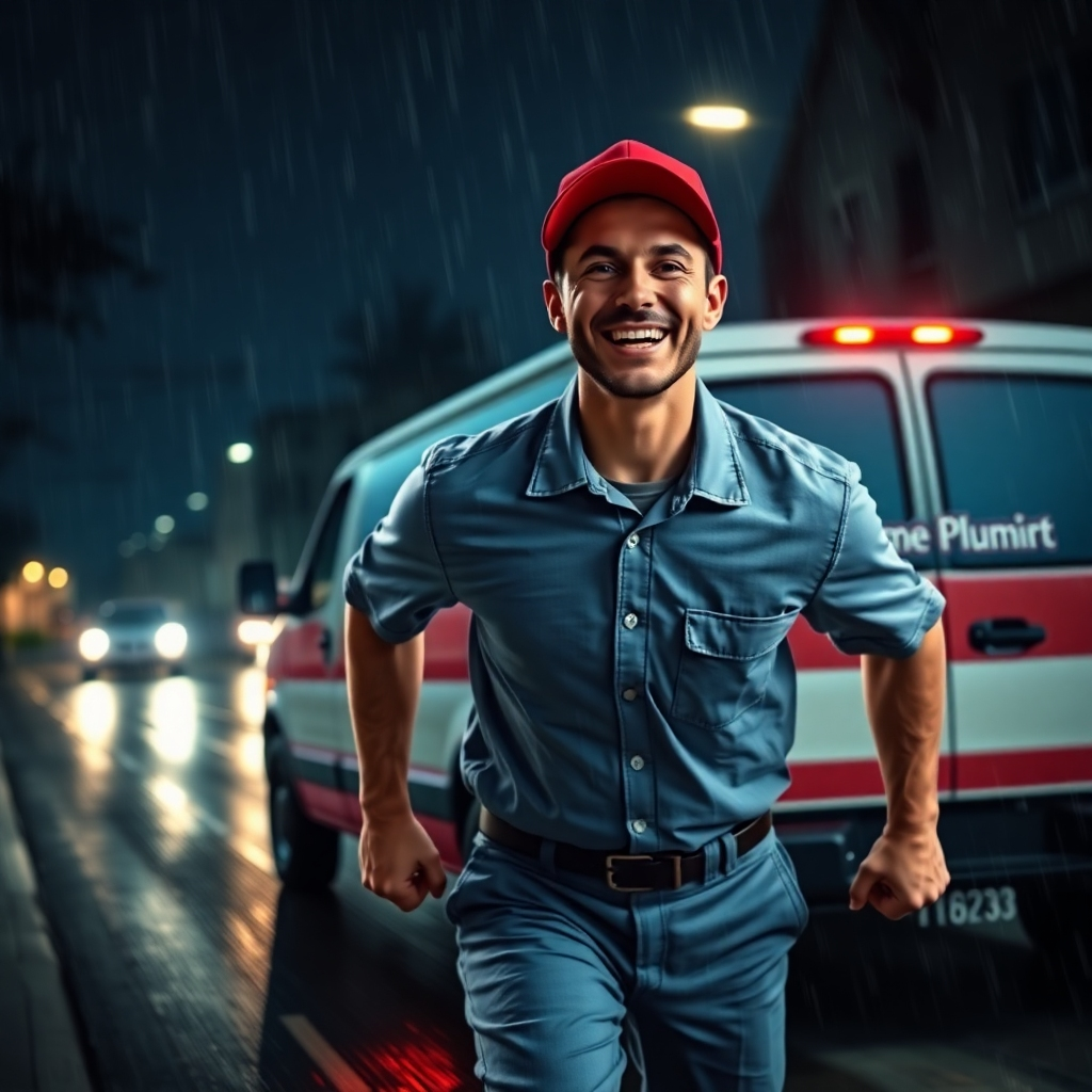 A photorealistic image depicting a friendly plumber in a clean uniform, rushing to a house at night with flashing lights on his service van. The background should be a dimly lit Houston street, raining slightly to showcase urgency. The van should have the words 'Emergency Plumber' clearly visible.