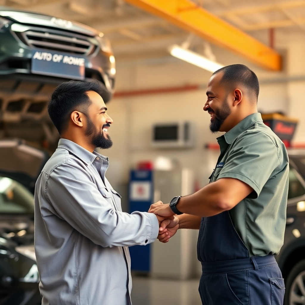A photorealistic image depicting a happy customer shaking hands with a friendly mechanic in a welcoming and clean auto repair shop.  The setting should be a bright and well-maintained Queens, NY, auto repair shop, with the overall mood conveying trust, satisfaction, and friendly interaction.  The image should have a warm and welcoming feel.