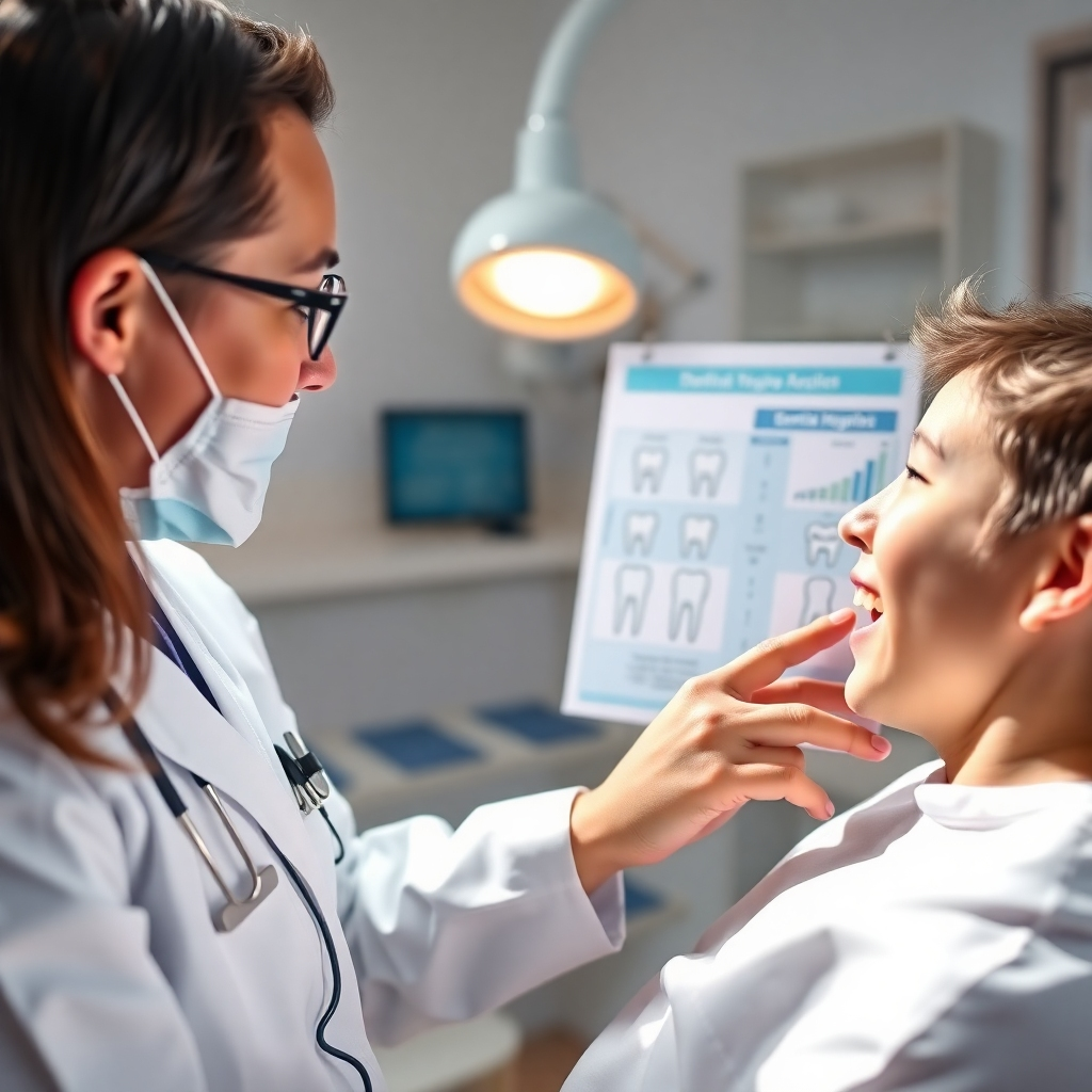 A photorealistic image depicting a dentist explaining a dental hygiene chart to a patient.  The image should be bright and cheerful, with a focus on positive interactions and preventative care education, showing a friendly and approachable atmosphere.
