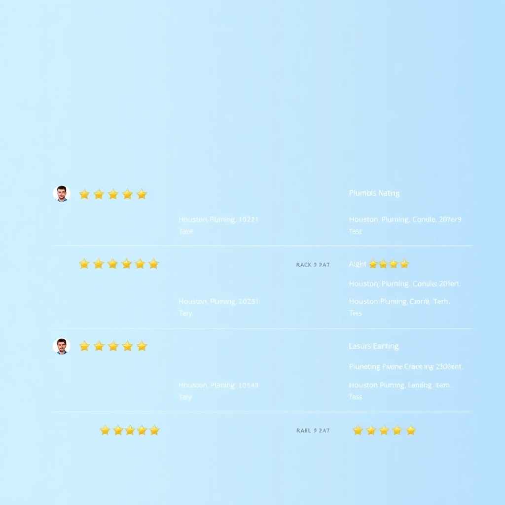A photorealistic image of a clean, modern website interface showing a directory of Houston plumbers. Each listing should include a plumber's name, rating stars, and a small profile picture.  The background should be a subtle light blue. The overall style should be clean and easy to navigate, conveying trust and professionalism.