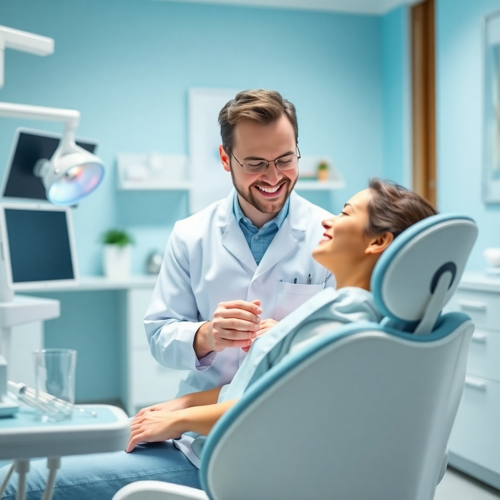A photorealistic image of a dentist with a warm smile, gently interacting with a relaxed patient in a modern, clean dental chair. The background should be a calming, light-blue themed dental office with subtle, modern decor. The image should evoke feelings of trust and comfort.