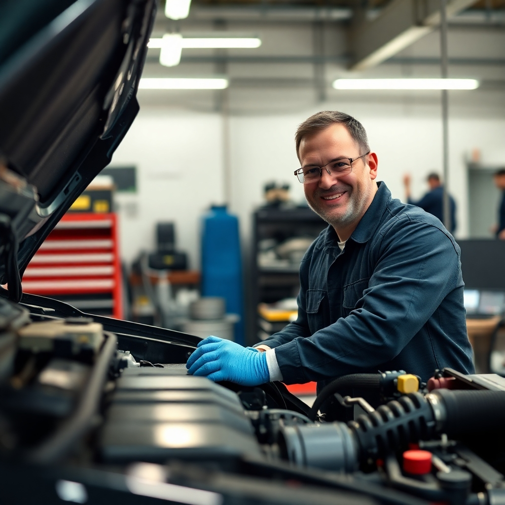 A photorealistic image of a friendly, highly skilled mechanic in a clean, well-lit auto repair shop in Queens, NY, meticulously working on a car engine, various tools neatly arranged nearby.  The mechanic should be wearing a uniform and safety glasses.  The overall ambiance should convey professionalism and expertise.